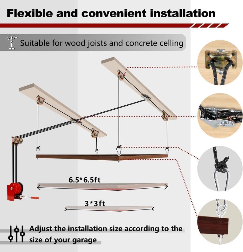 Zelvoro Overhead Garage Storage Lift Hoist, Heavy-duty Ceiling Mounted Garage Storage Lift System for Organization - Image 4